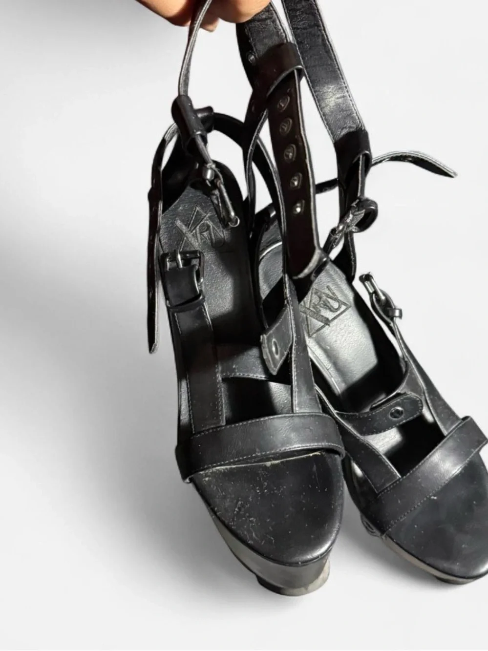 YRU Nightcall platforms heels. Adjustable ankle straps/ buckles.